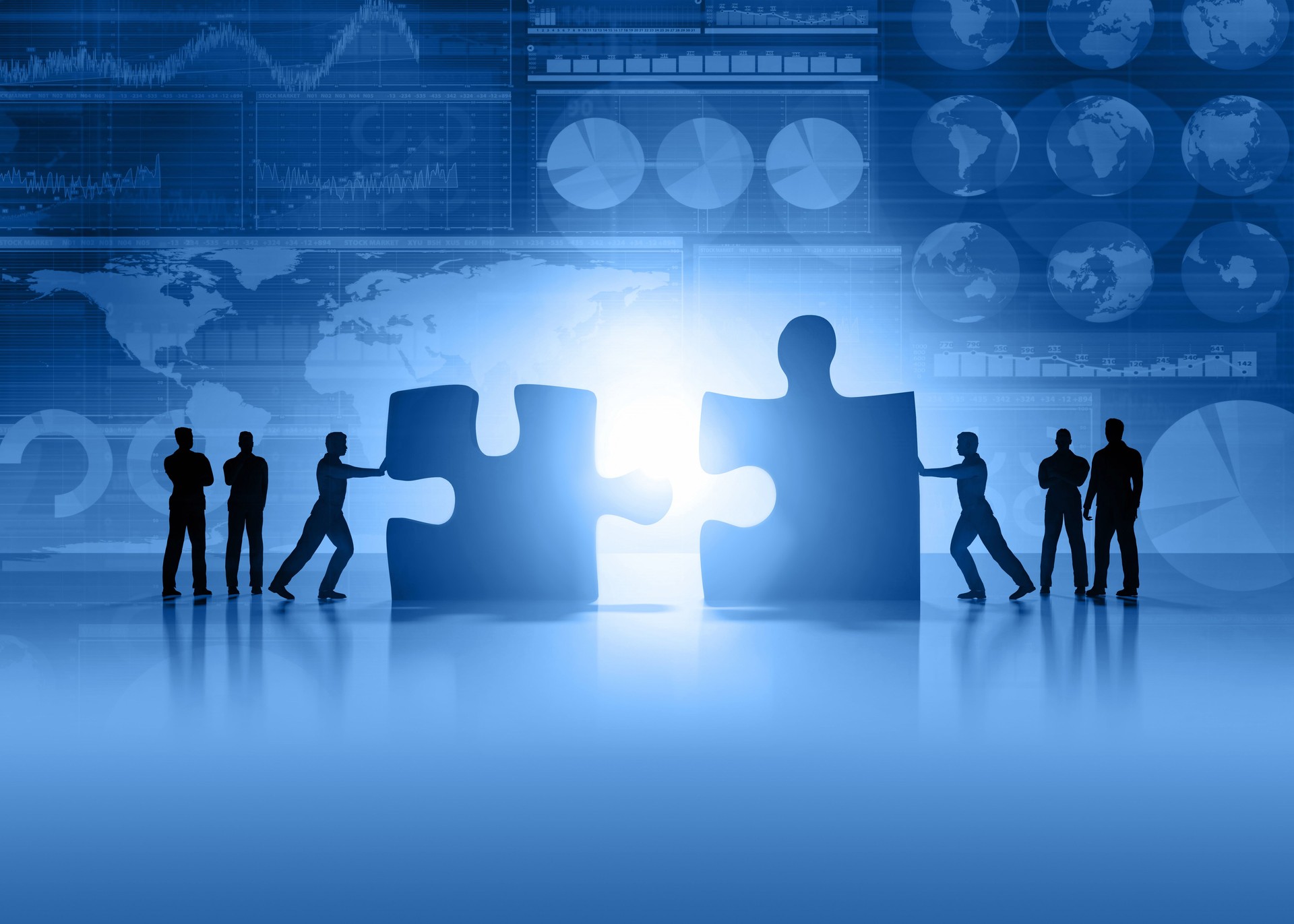 Business teamwork and global finance blue background